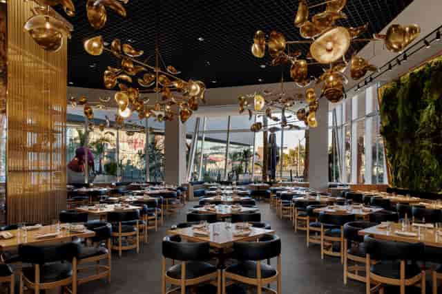 Modern event space in KYU with elegant gold decor, perfect for gatherings and meetings.