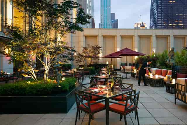 Outdoor terraces at Field Museum, elegant seating for upscale cocktail receptions and events.