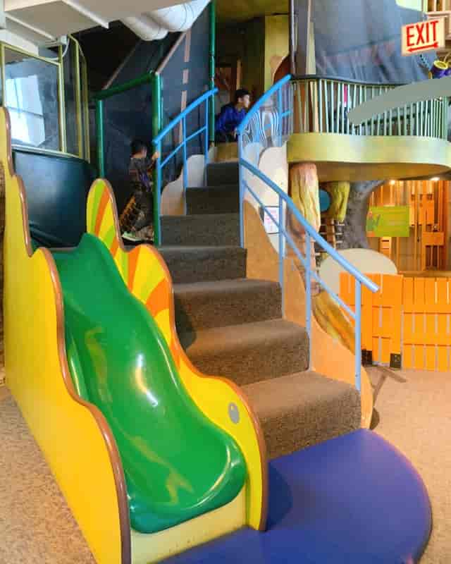 Colorful children's play area with slide at Peggy Notebaert Nature Museum for family events.