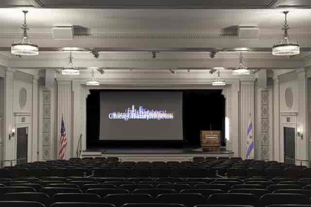 Chicago History Museum theater with tiered seating, ideal for conferences and screenings.