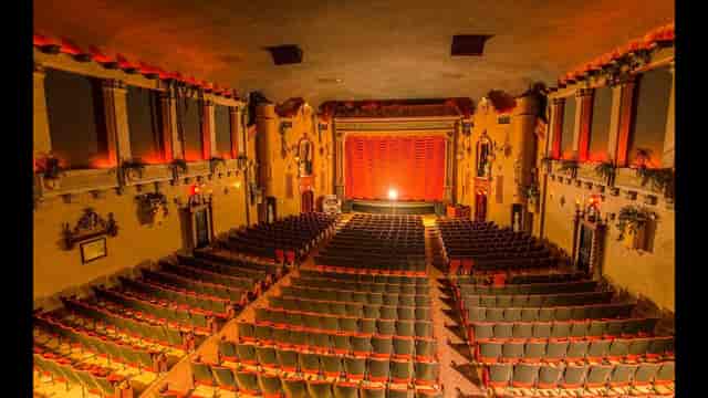 Elegant Music Box Theatre lounge with tiered seating, perfect for events and performances.