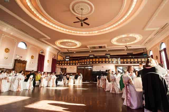 Elegant banquet hall in Logan Square Auditorium, perfect for weddings and formal events.