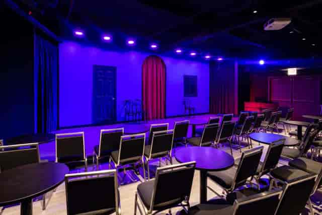 Comedy club at iO Theater with vibrant stage lighting for engaging performances.