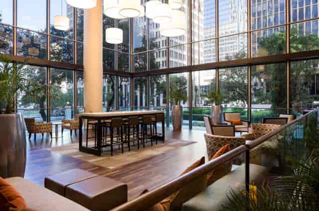 Modern lobby at Gulf Coast B, The Whitehall Houston, ideal for networking events.