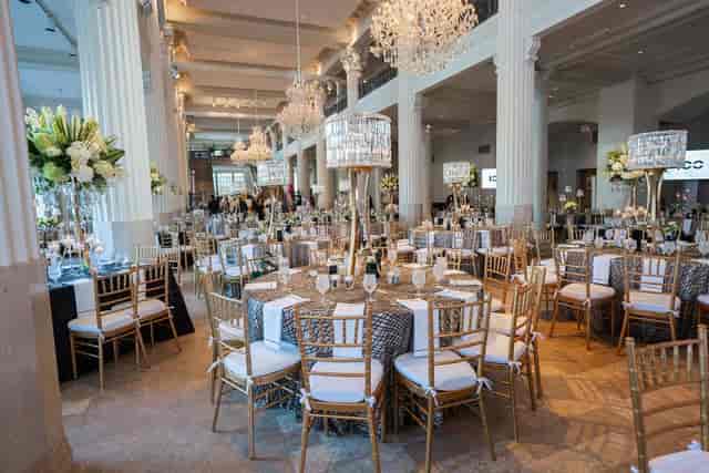 Elegant private event space with round tables, ideal for upscale gatherings and celebrations.