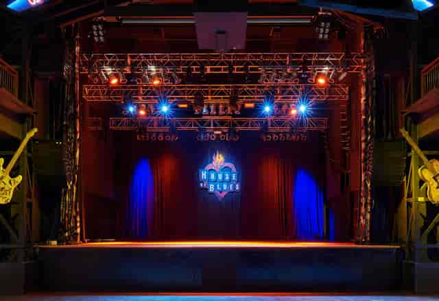 Banquet hall at House of Blues Houston with vibrant stage setup for live events.