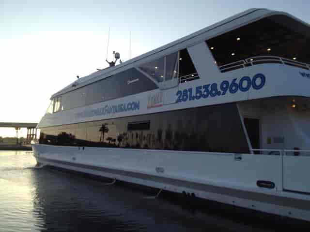 Sleek Boardwalk FantaSea Yacht at Kemah for upscale events and gatherings.