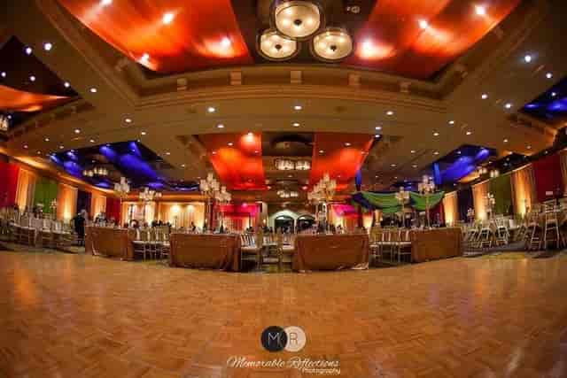Grand Lobby at ULH Event Center with colorful drapery, ideal for celebrations and corporate events.