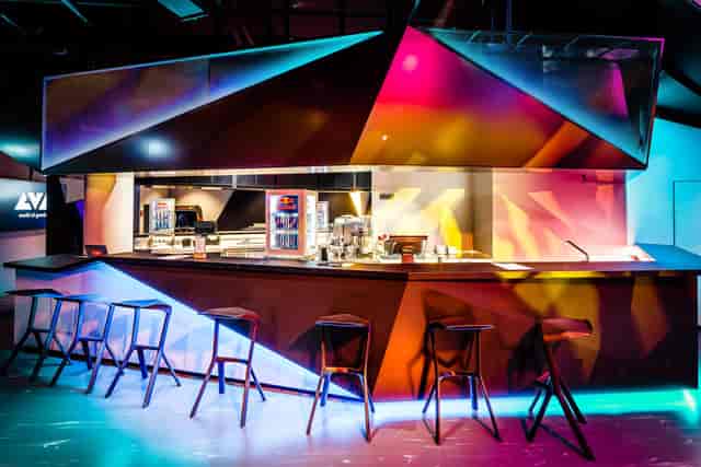 Red Bull Lounge bar in Berlin, modern design, ideal for networking events.