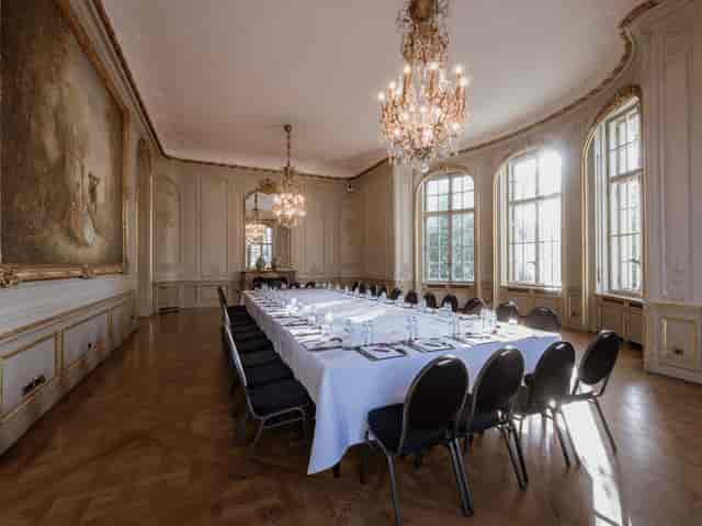 Elegant banquet room with ornate chandeliers at Historical Wintergarten, Schlosshotel Berlin.