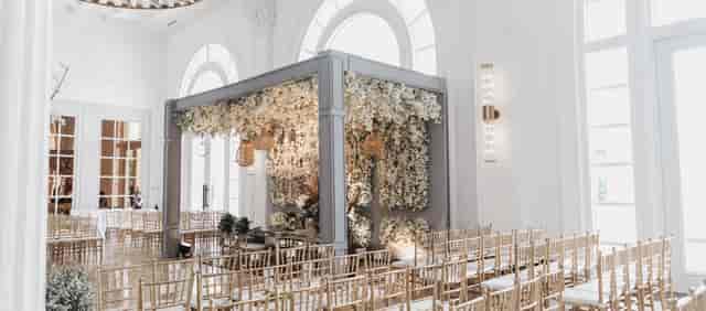 Aria Ballroom Terrace with floral installation, ideal for elegant weddings and upscale events.