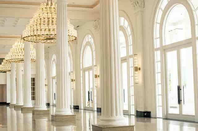 Elegant ballroom in Dharmawangsa Jakarta with grand columns for upscale events.