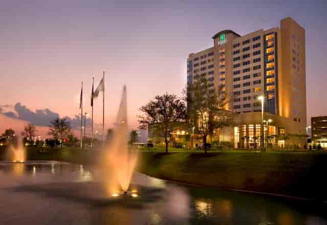 "Modern ballrooms at Embassy Suites Houston for corporate events and meetings."