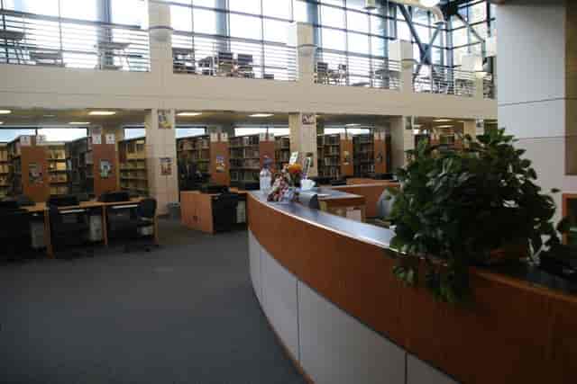 Burbank High School library with organized shelving for workshops and gatherings