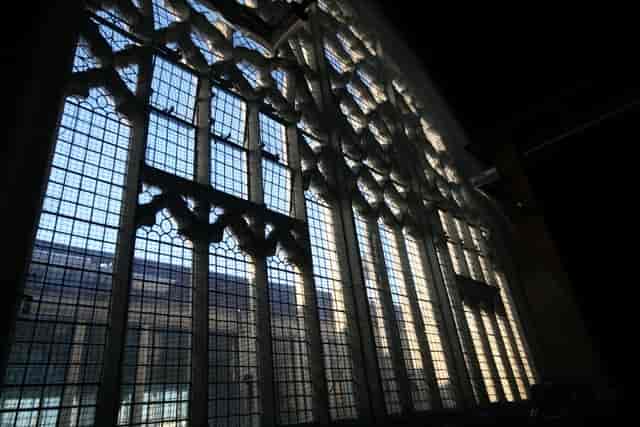 Stained glass window in Harrow Club's Sports Hall, perfect for weddings and events.
