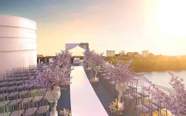 Top Of The Gate wedding venue with elegant aisle and panoramic city views