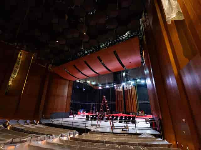 Jones Hall concert hall auditorium with high stage and advanced lighting for events.
