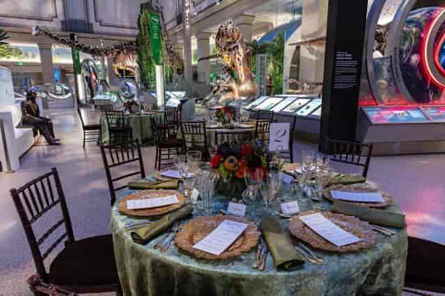 Elegant dining setup in Nation's Fossil Hall for corporate events and special occasions.
