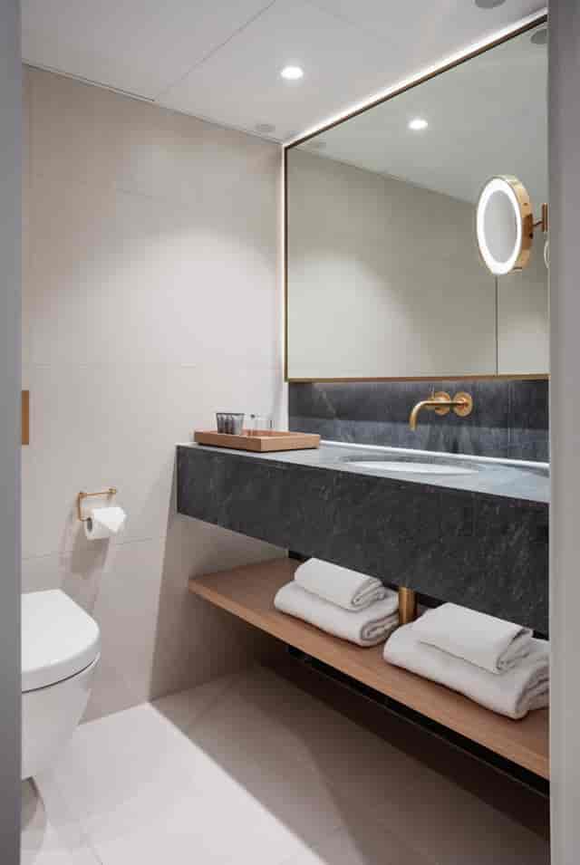 Modern bathroom with dark stone countertops at Admiral Hotel conference venue.