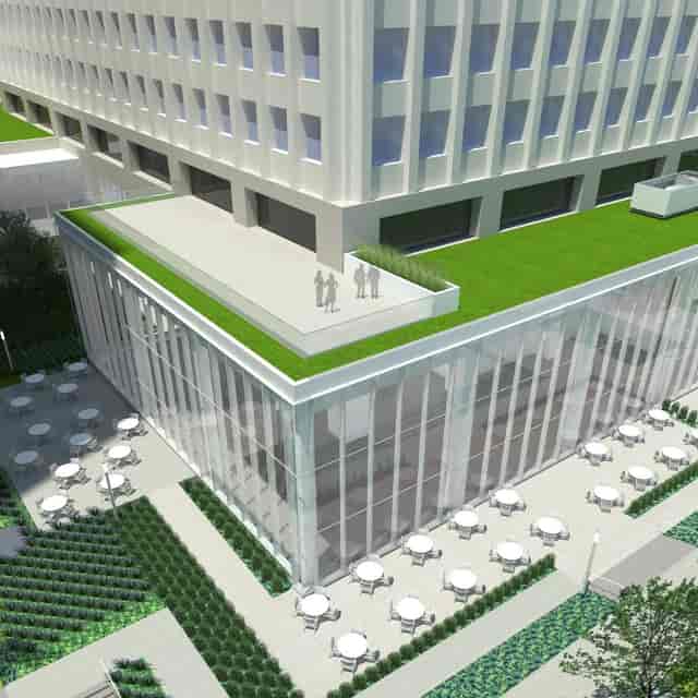 Event lawns at Allen Center with rooftop terrace, ideal for upscale networking receptions.