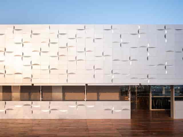 Main Hall in Xuhui District, modern facade with large windows, ideal for events and receptions.