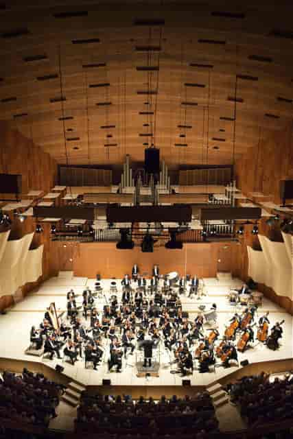 Fredensborghallen concert hall in Copenhagen with musicians for an upcoming performance