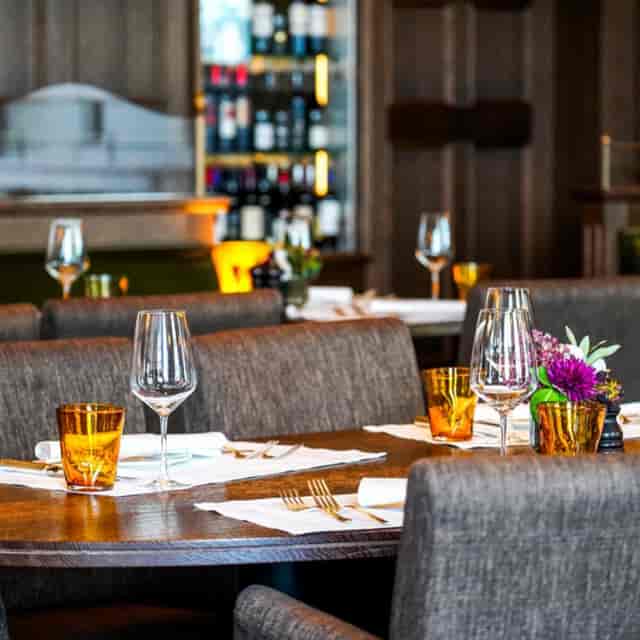 Elegant dining setup at Brasserie Schiller for upscale events and intimate gatherings.