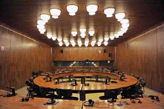 Circular conference room in UNESCO House, ideal for strategic meetings and discussions.