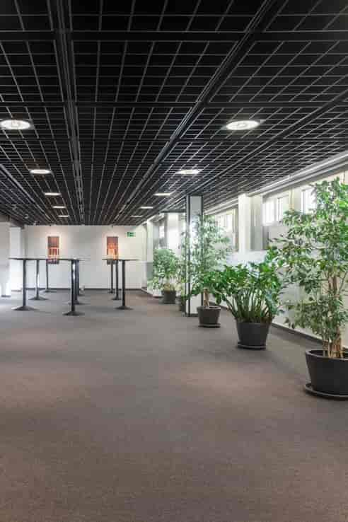Modern seminar room with high cocktail tables, ideal for networking events and receptions.