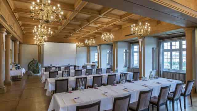 Elegant Bleulersaal meeting room with wood-paneled ceiling for corporate events and workshops.