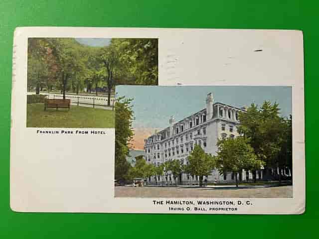 Vintage postcard of Franklin Park at Hamilton Hotel, ideal for corporate events in D.C.