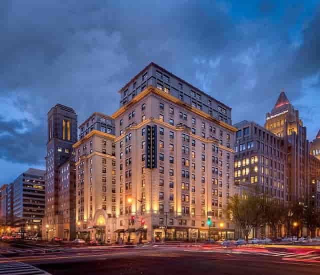Franklin Park Hotel at twilight, elegant venue for corporate gatherings and events.