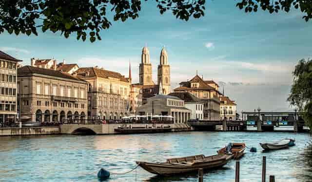 Glockenhof Zurich waterfront bar with historic architecture, ideal for events and gatherings.