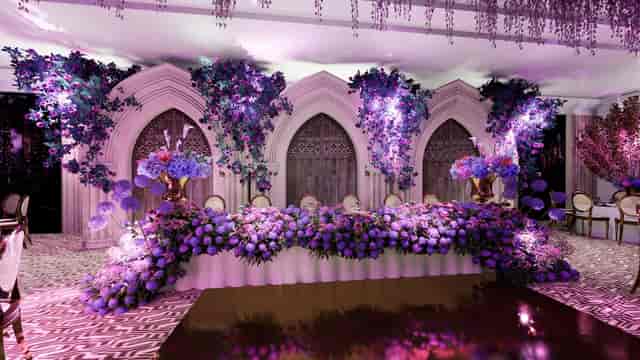 East India Room at Raffles Singapore, elegant floral backdrop for weddings and events.