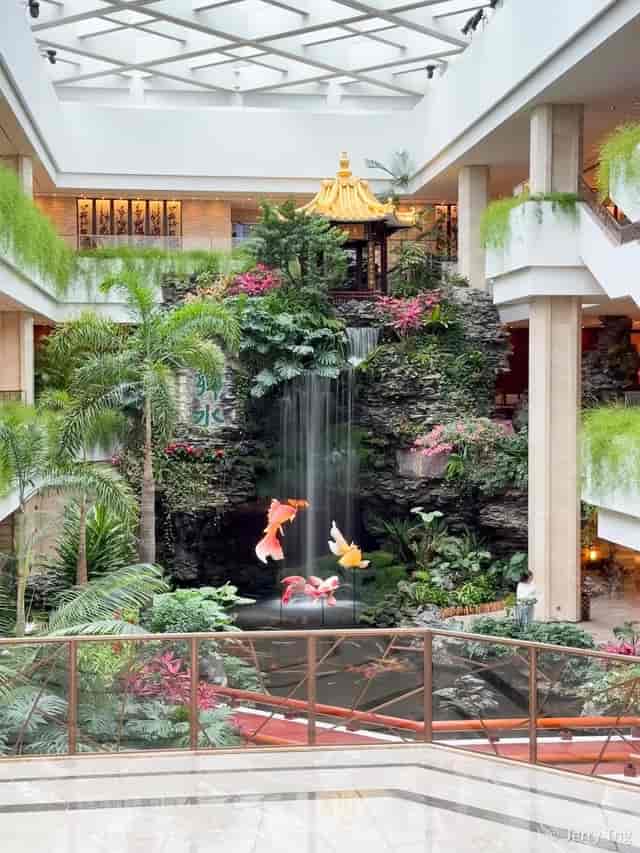 Serene back garden with waterfall at White Swan Hotel, perfect for eco-friendly events.