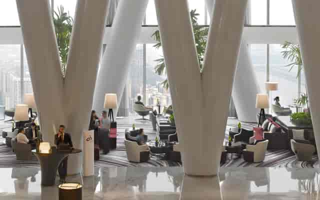 Sophisticated hotel lobby in International Finance Center, Guangzhou for events and networking.
