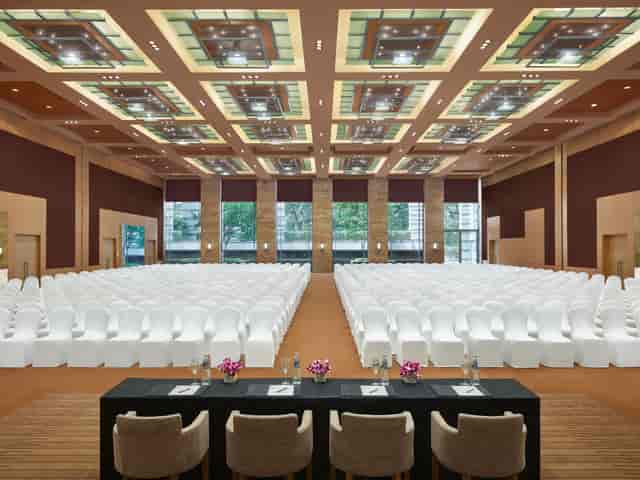 Regency Ballroom 2 at Hyatt Mumbai, spacious setup for conferences with floral decor.