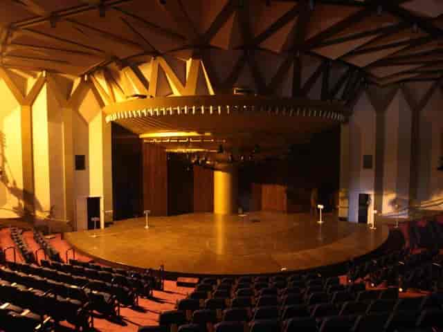 "NCPA Auditorium with circular stage and tiered seating for conferences and performances"