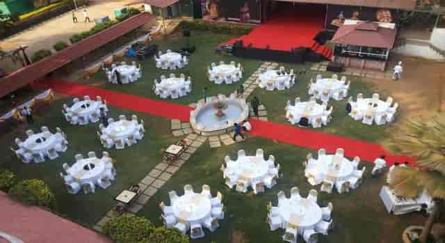 Elegant outdoor event setup at Darbar Hall, Jayamahal Palace for weddings and corporate gatherings.