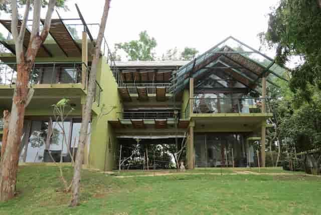 Modern conference hall with glass walls at Waterwoods Lodge, perfect for events and retreats.