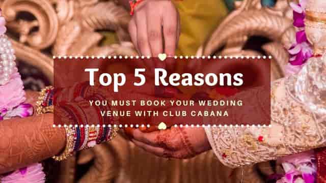 Wedding venue graphic with vibrant colors highlighting Club Cabana's unique features.