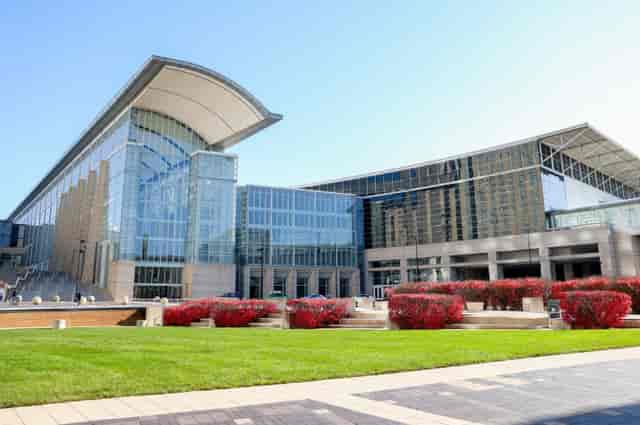 Modern glass-facade West Building at McCormick Place, perfect for conferences and events.