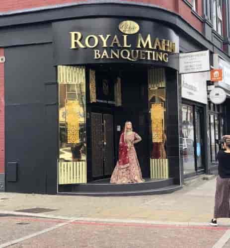 Elegant entrance of Royal Mahal event space, ideal for weddings and corporate gatherings.