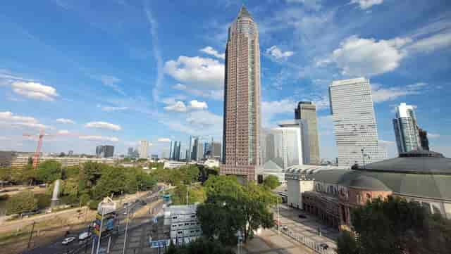 Messe Frankfurt skyline with skyscrapers, ideal for conferences and events.