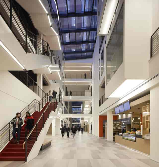 Modern seminar room at Frankfurt School, featuring natural light, ideal for events and meetings.