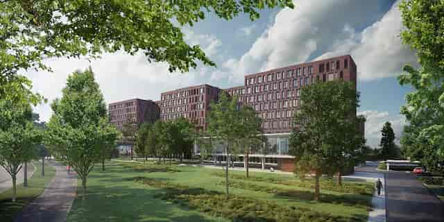 Modern seminar rooms at Frankfurt School, ideal for events amidst lush greenery.
