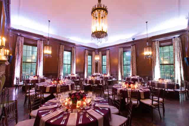Elegant event space at Park Slope Library with chic table settings for corporate gatherings.