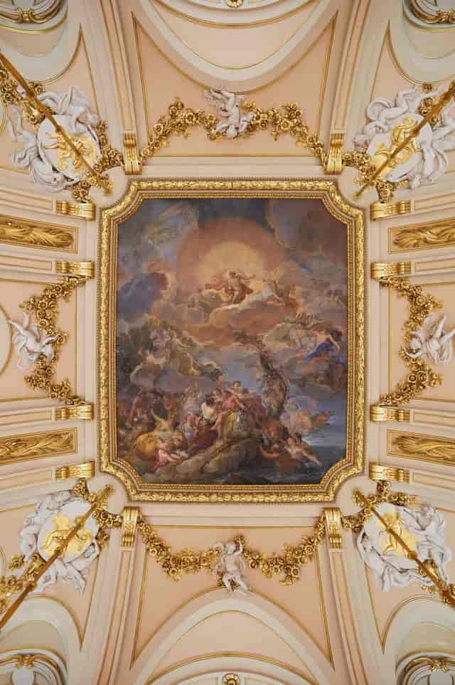 Ornate ceiling mural in Salón de Columnas, perfect for gala dinners and formal events.