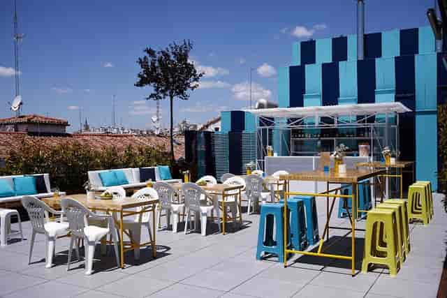 Stylish rooftop event space at La Casa Encendida, perfect for networking and social mixers.