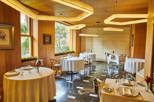 Elegant restaurant setting for intimate meetings or exclusive events, warm ambiance.